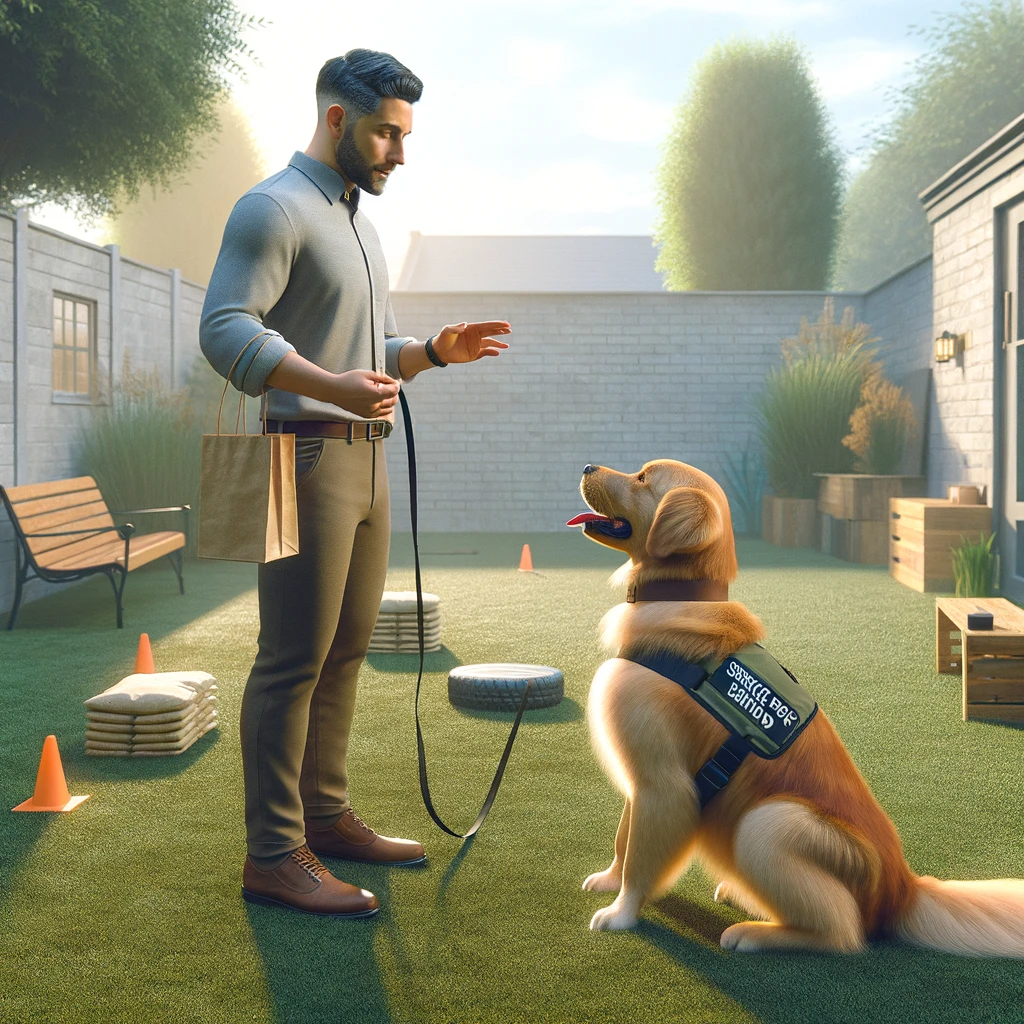 A person in their 30s training a golden retriever service dog in a backyard, demonstrating the importance of consistency and patience.