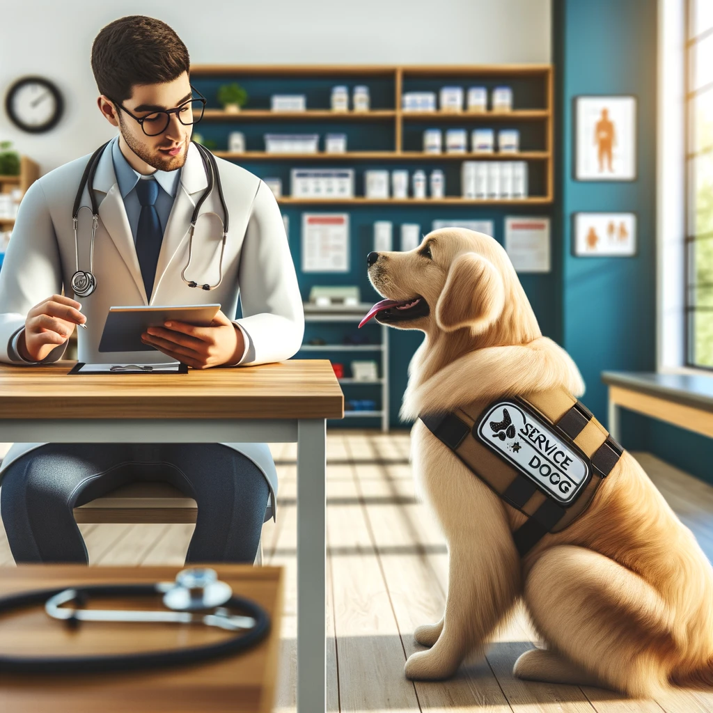 A person in their 30s with a golden retriever service dog at a veterinary clinic, discussing pet insurance options with a veterinarian. The dog is wearing a service dog vest, and various high-quality service dog products are displayed on a nearby table.