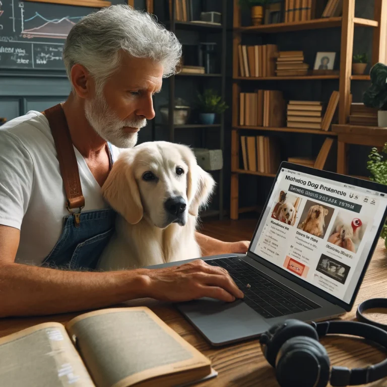 Man in his late 50s working on a laptop in a cozy home office with his white service dog, Sasha, sitting beside him. The laptop screen displays marketing course materials and affiliate dashboards.