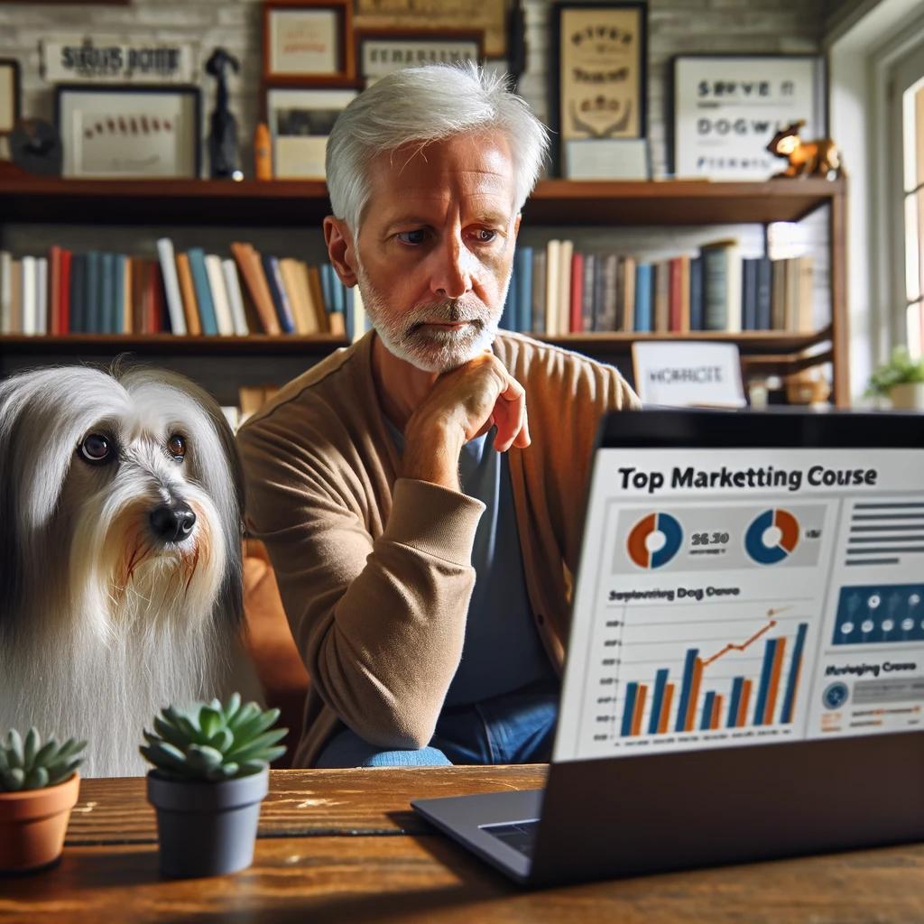 Man in his late 50s watching a video course on his laptop in a cozy home office with his white service dog, Sasha, sitting beside him.