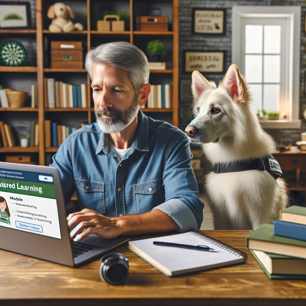 Man in his late 50s working on his laptop in a cozy home office with his white service dog, Sasha, sitting beside him.