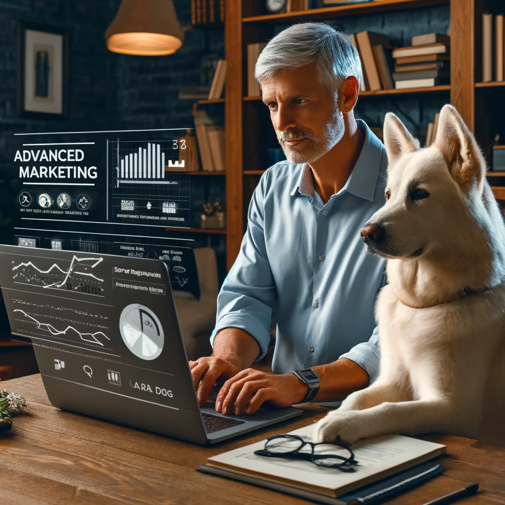 Man in his late 50s working on his laptop in a cozy home office with his white service dog, Sasha, sitting beside him.