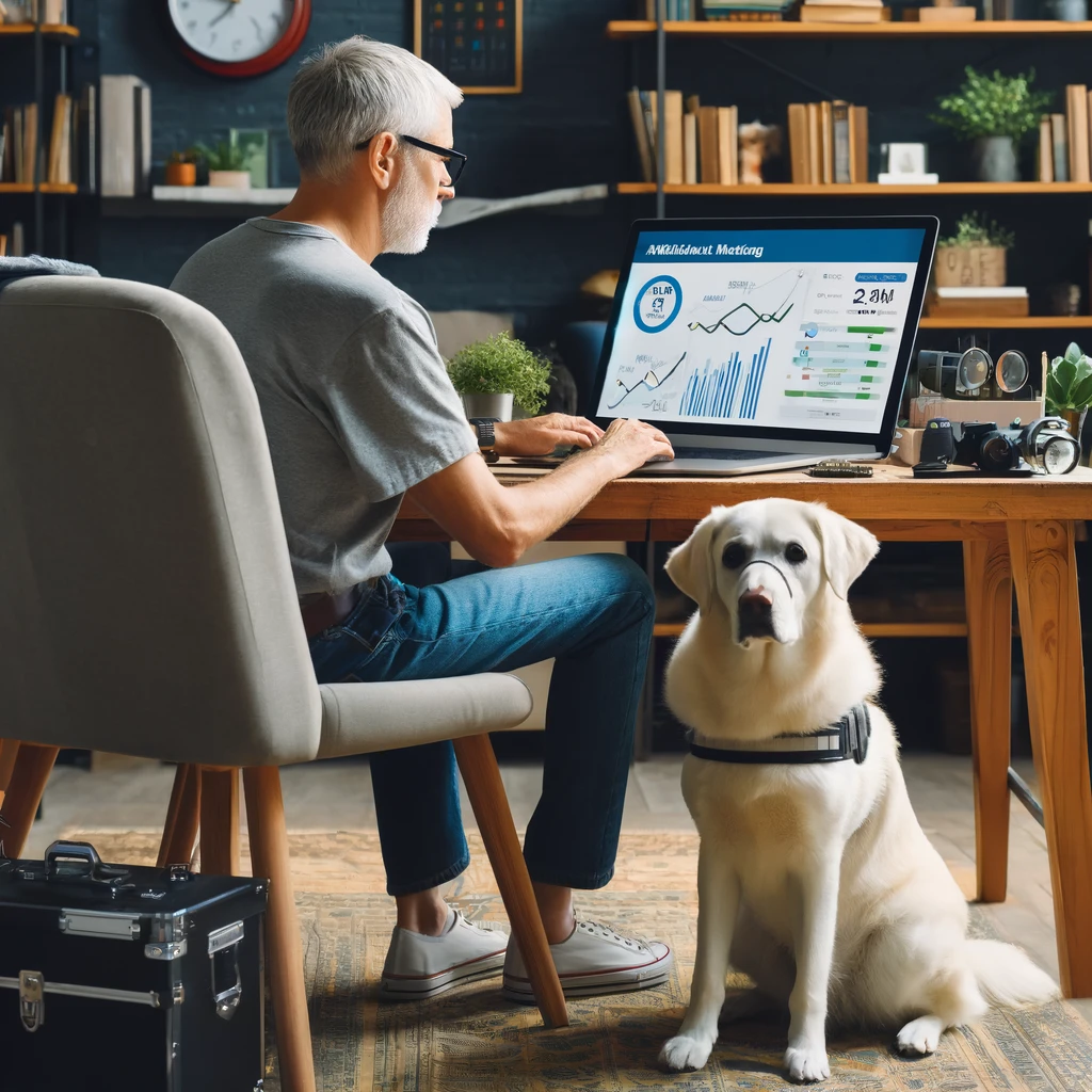 Man in his late 50s working on his laptop in a cozy home office with his white service dog, Sasha, sitting beside him.