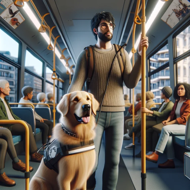 A person in their 30s with a golden retriever service dog on a busy bus, holding onto a support rail.