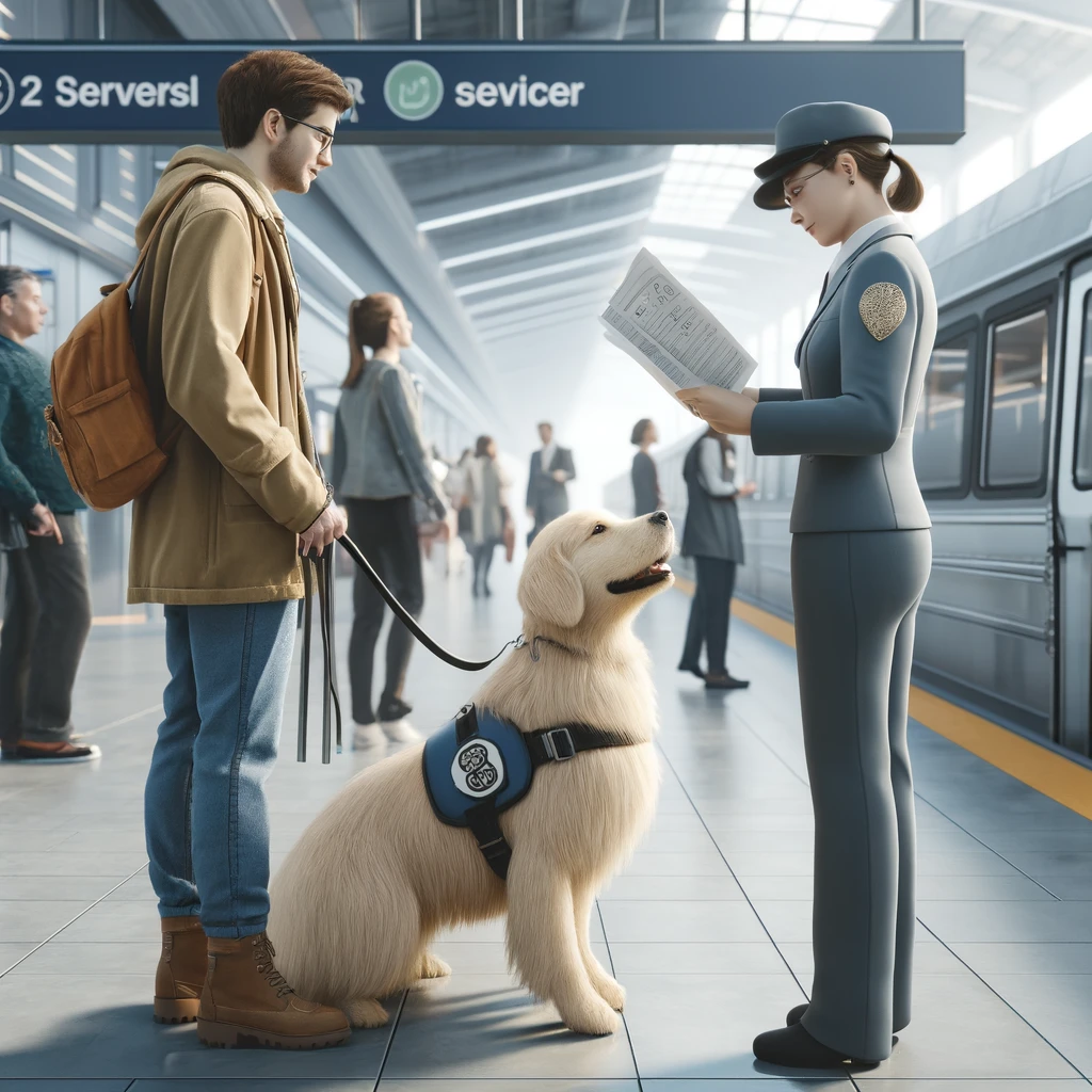 A person in their 30s with a golden retriever service dog at a busy public transportation station, holding a document and talking to a transit official.