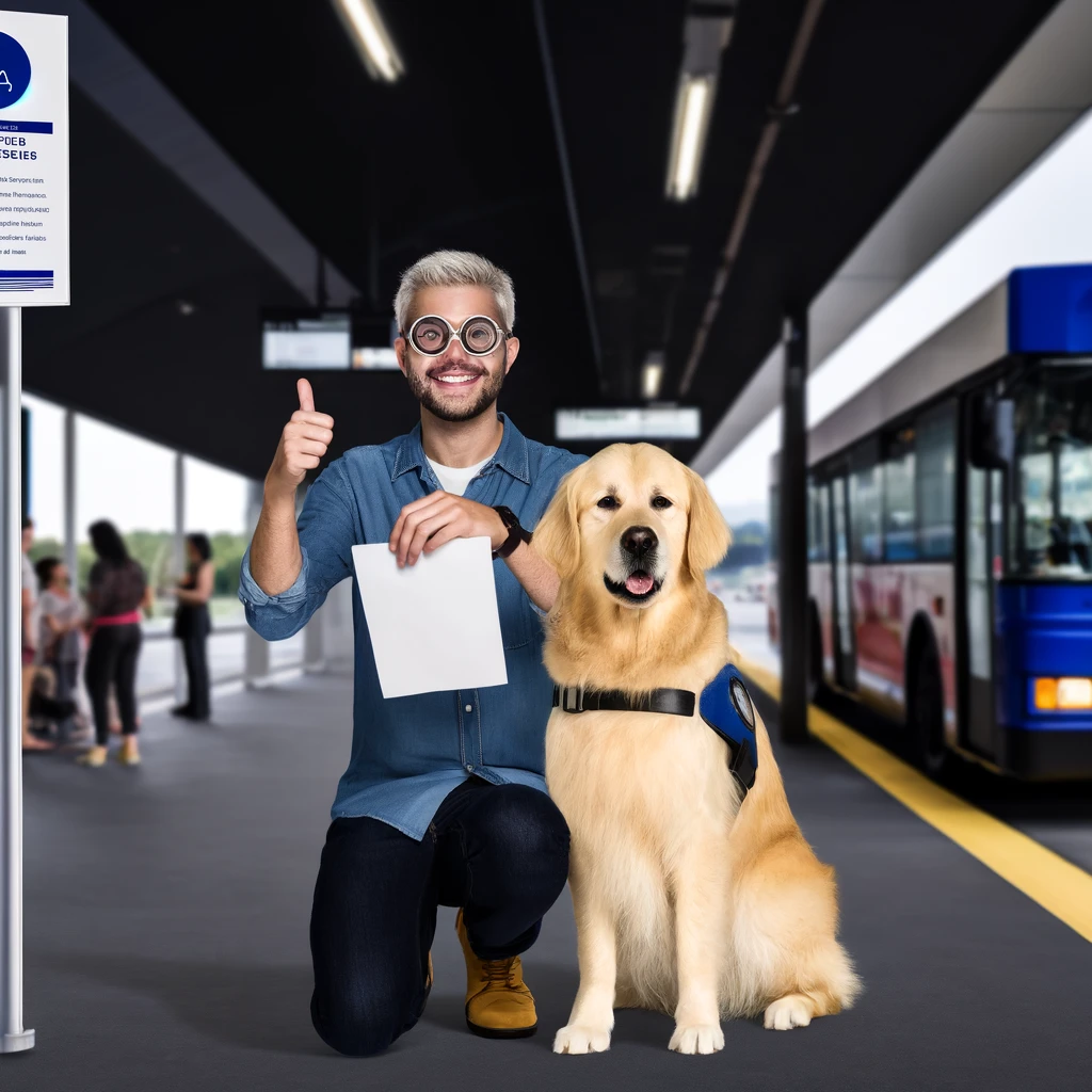 Person with a golden retriever service dog at a public transportation station