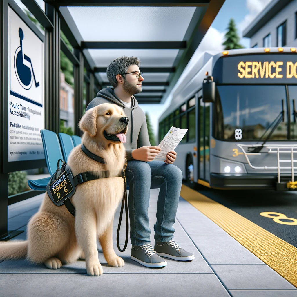 A person in their 30s with a golden retriever service dog, sitting on a bus, emphasizing accessibility for service dogs on public transportation.