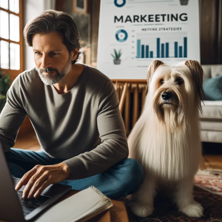 A man in his late 50s working on his laptop in a cozy home office with his white service dog Sasha, focused on marketing strategies and financial charts.