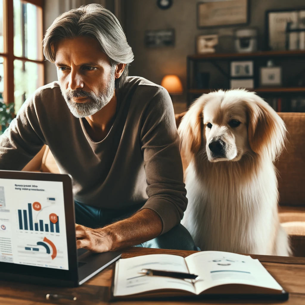 A man in his late 50s attentively studying marketing strategies on his laptop in a cozy home office, accompanied by his white service dog Sasha.