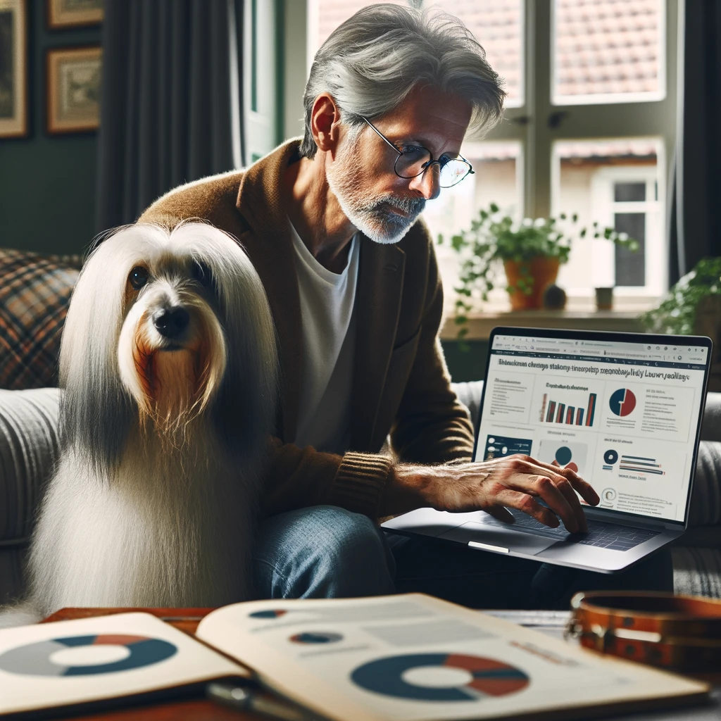 A man in his late 50s working on a laptop with detailed marketing charts and his white service dog, Sasha, beside him.