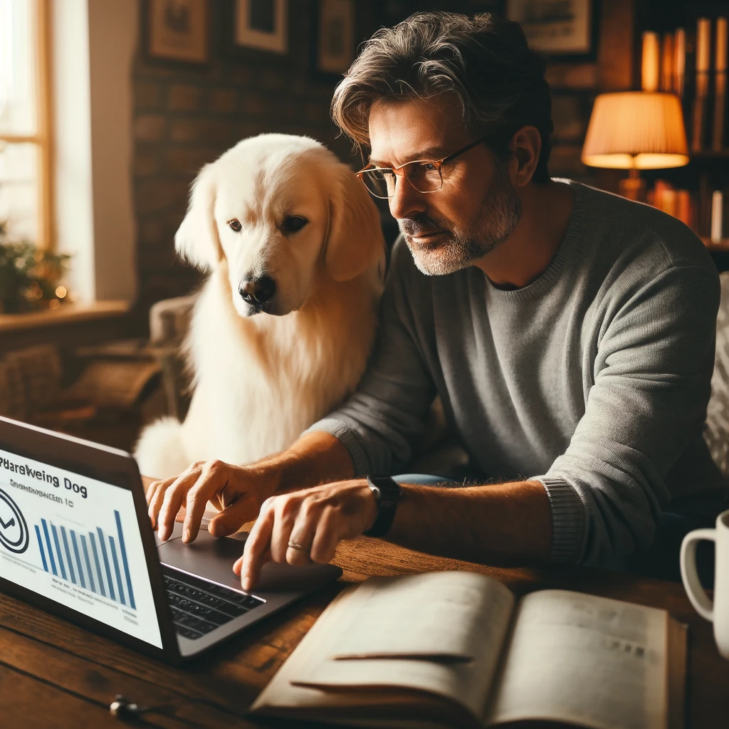 A man in his late 50s working on his laptop in a cozy home office, with his thin white service dog, Sasha, sitting beside him.