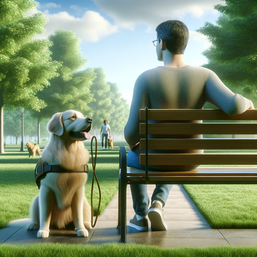 A person in their 30s sitting on a park bench with a golden retriever service dog by their side, in a peaceful park setting.