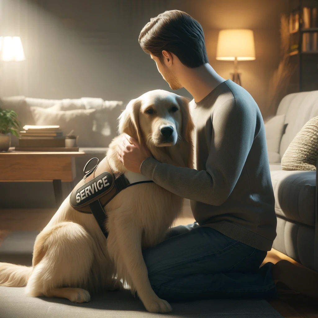 A person in their 30s hugging a golden retriever service dog in a cozy living room.