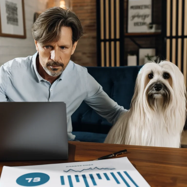 A man in his late 50s working on his laptop with his white service dog Sasha beside him, focusing on marketing strategies in a cozy home office.