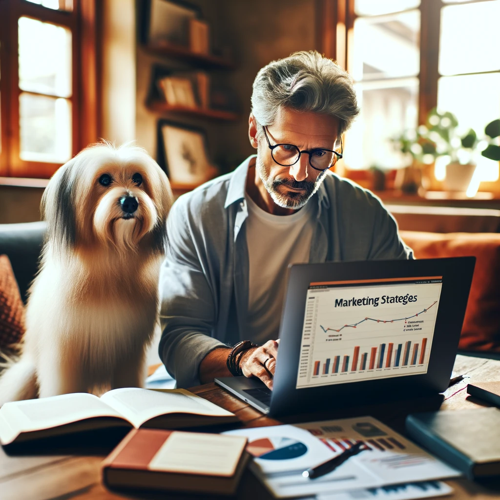 A man in his late 50s attentively studying marketing strategies on his laptop in a cozy home office, with his white service dog Sasha, a thin, medium long-haired terrier, sitting beside him.