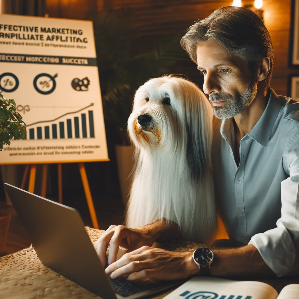 A man in his late 50s attentively studying marketing strategies on his laptop in a cozy home office, accompanied by his thin white service dog, Sasha.