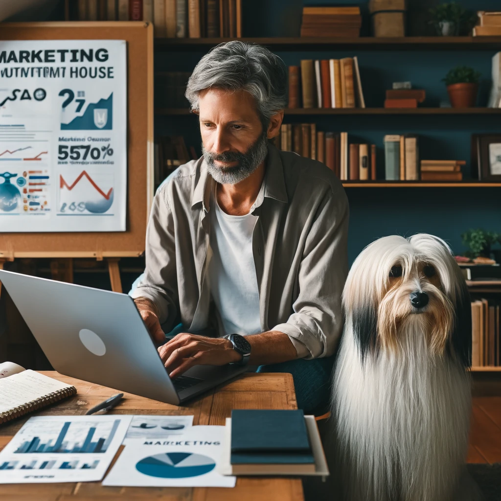 A man in his late 50s focused on his laptop in a cozy home office with his white service dog, Sasha, beside him. The desk is filled with marketing charts and course materials.