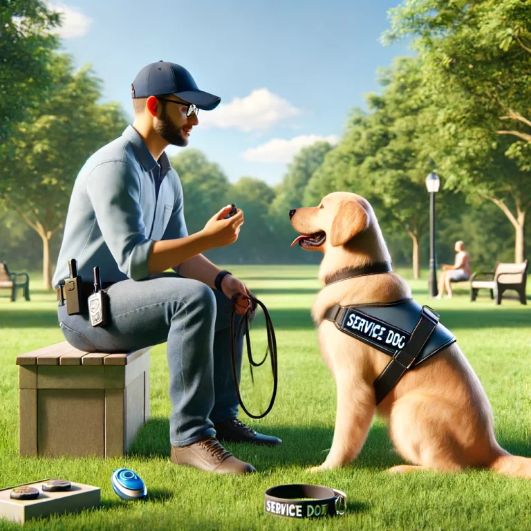 A person in their 30s meeting with a professional service dog trainer in an outdoor park, training a golden retriever service dog wearing a service dog vest.