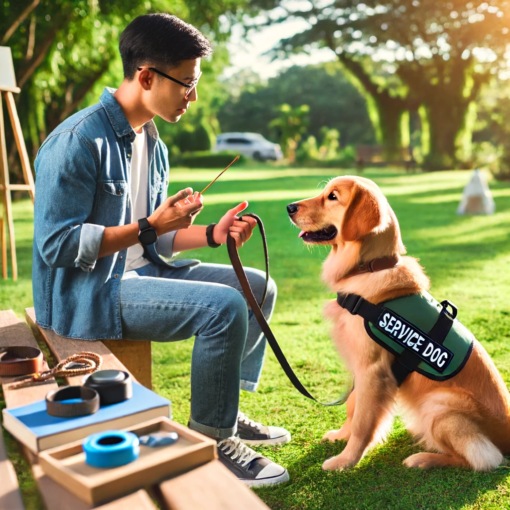 A person in their 30s attentively listens to a professional service dog trainer in a park, with a golden retriever wearing a service dog vest.