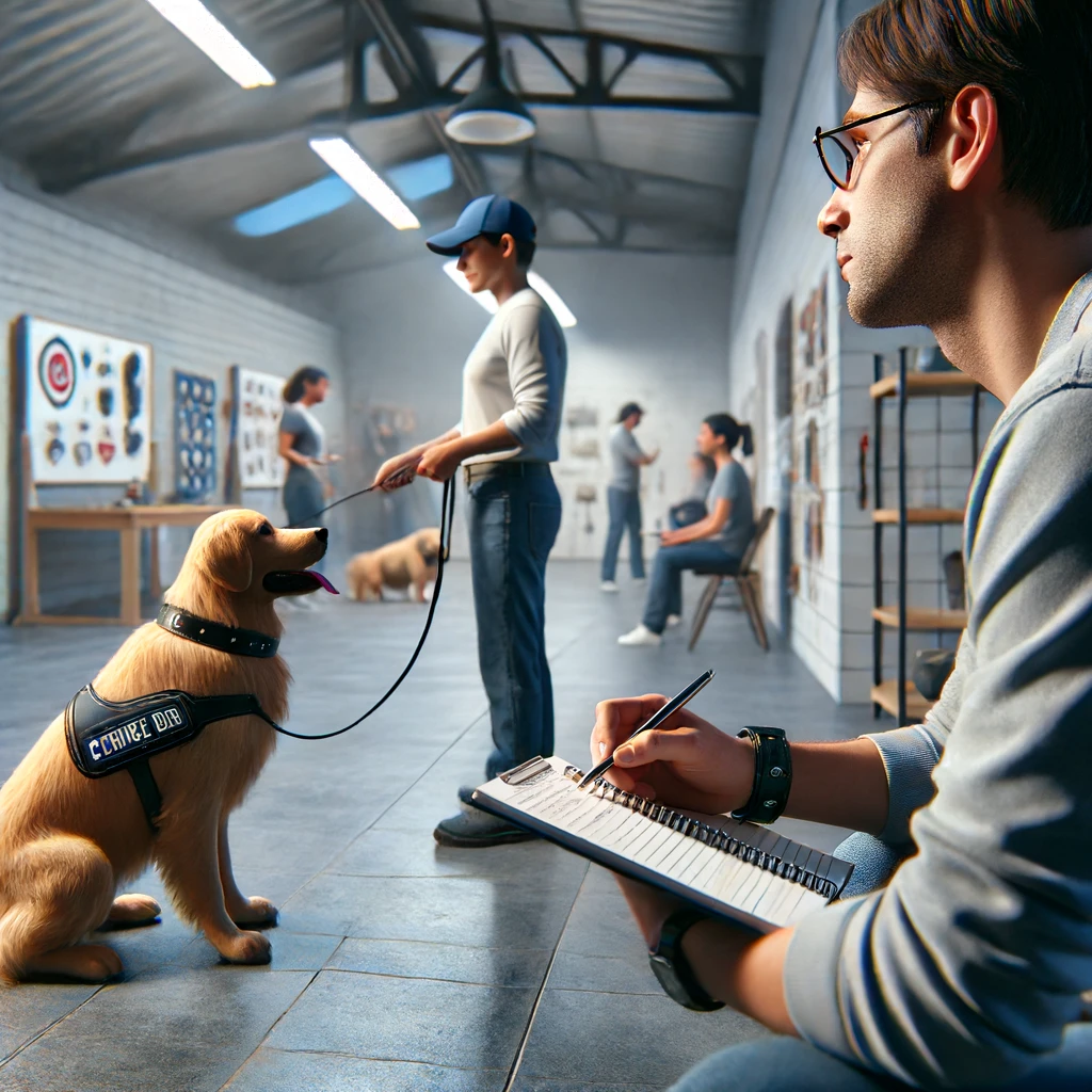 A person in their 30s attentively observing a service dog training session with a professional trainer and a golden retriever in an indoor training facility.