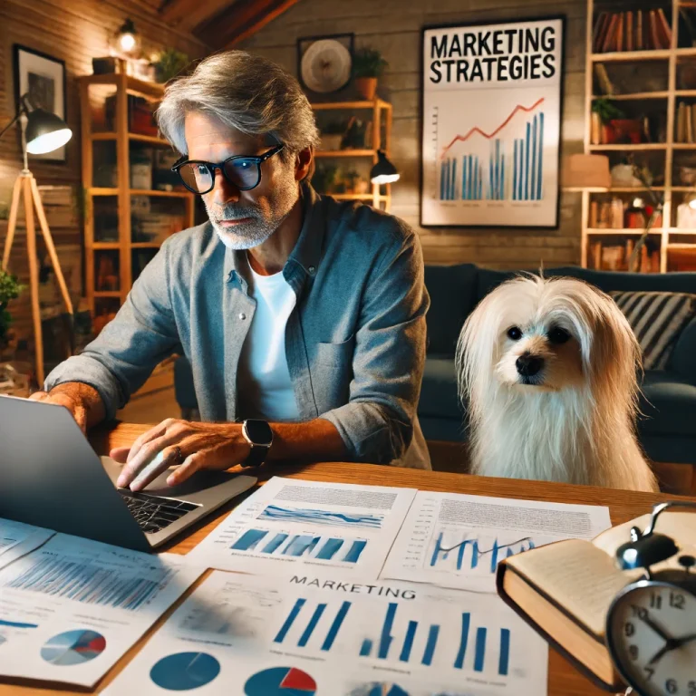 A man in his late 50s attentively studying marketing strategies on his laptop in a cozy home office, with his white service dog Sasha, who has medium long hair and thin long hair on her face like a terrier, sitting beside him.