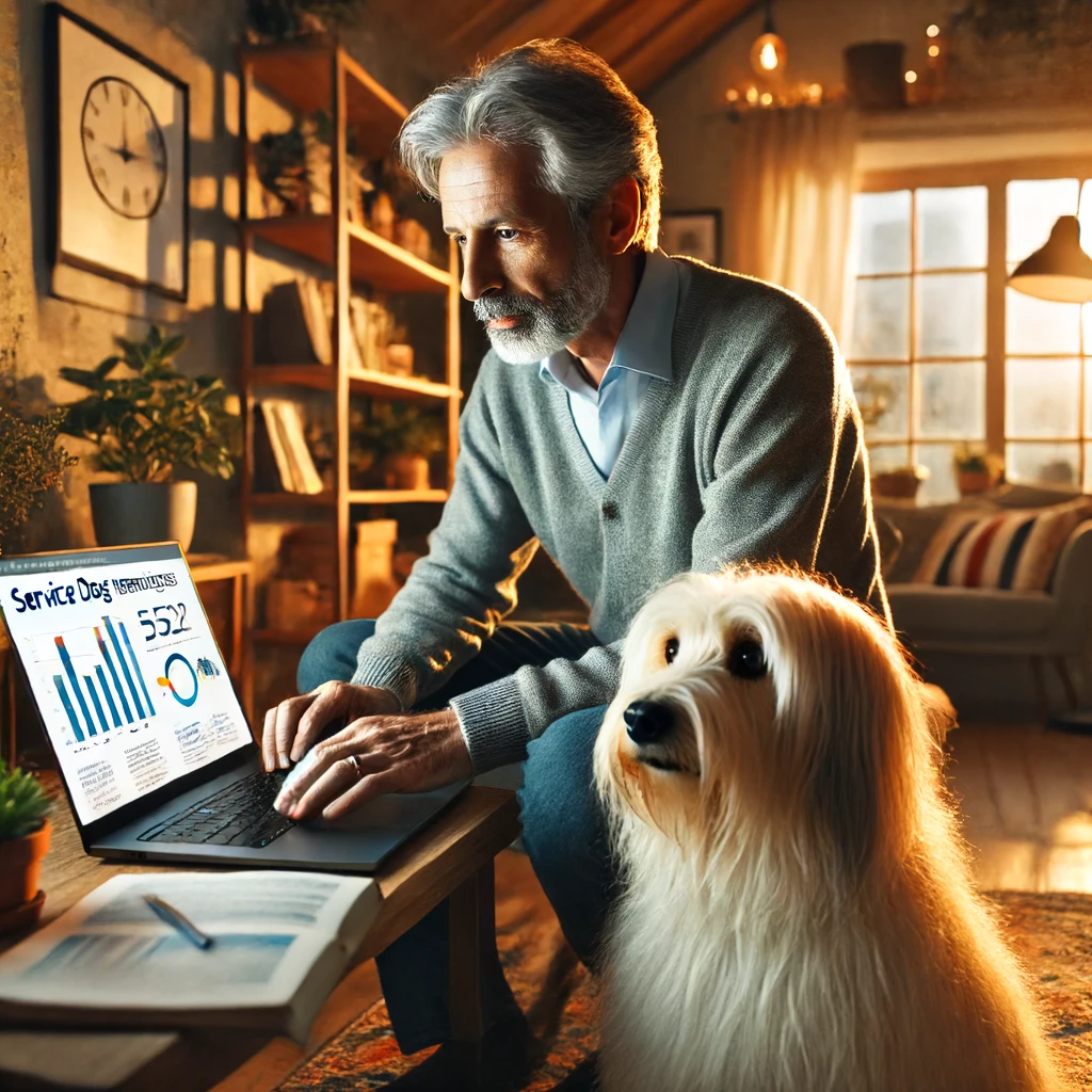 A man in his late 50s working on his laptop in a cozy home office with his white, medium long-haired service dog, Sasha, sitting attentively beside him.