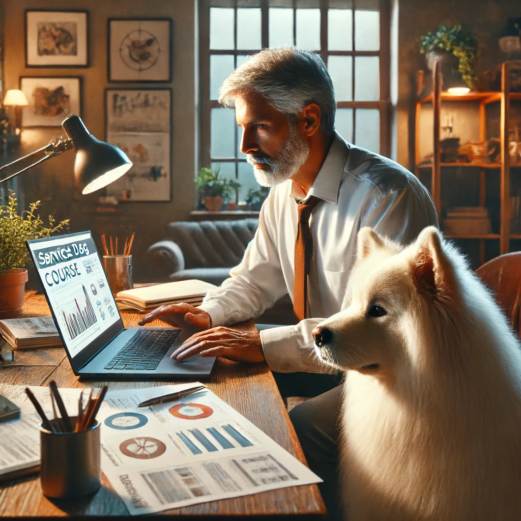 A man in his late 50s working on his laptop in a cozy home office, focused on an online marketing course, with his white, medium long-haired service dog, Sasha, sitting beside him.