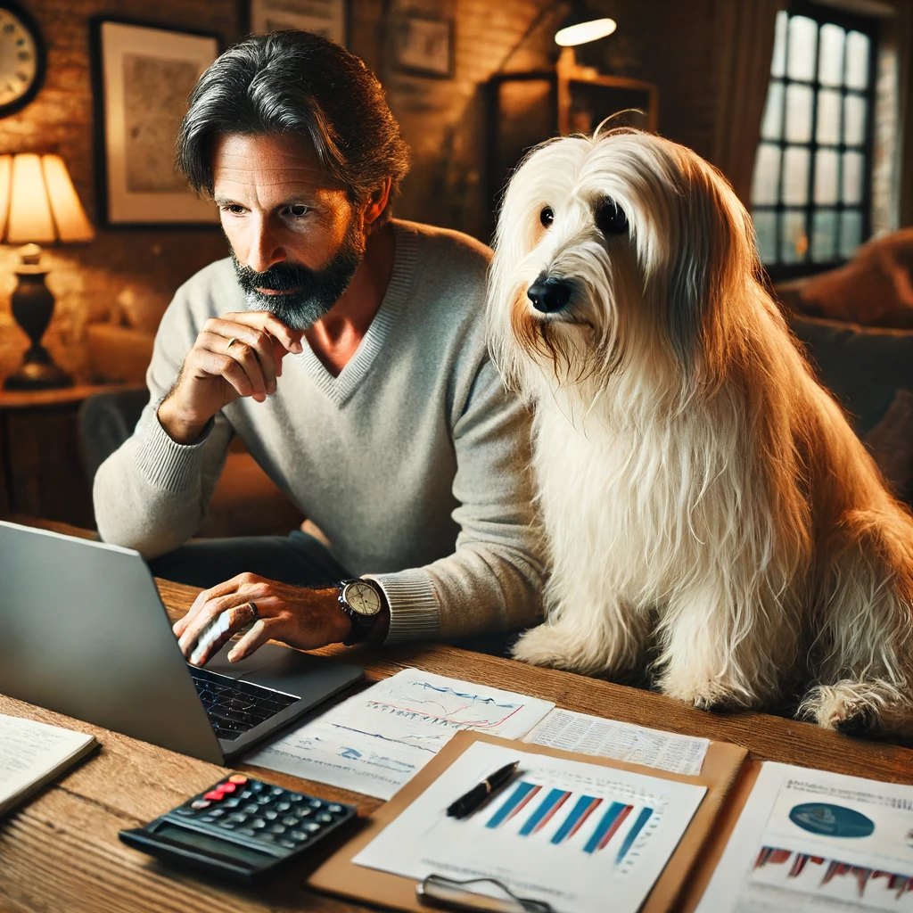 A man in his late 50s working on his laptop with his white service dog, Sasha, sitting beside him in a cozy home office.