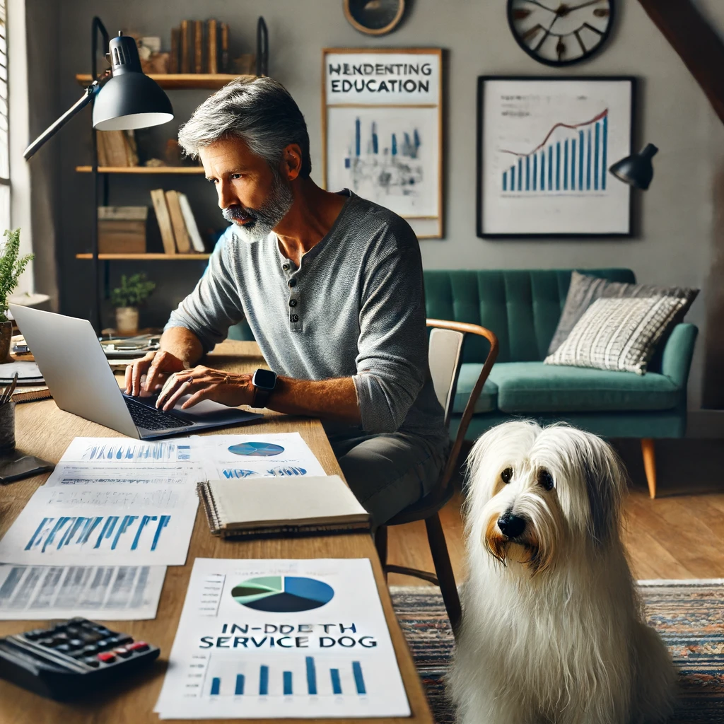 A man in his late 50s working on his laptop in a cozy home office, applying in-depth marketing education strategies with his white service dog Sasha, a medium long-haired terrier, sitting beside him.