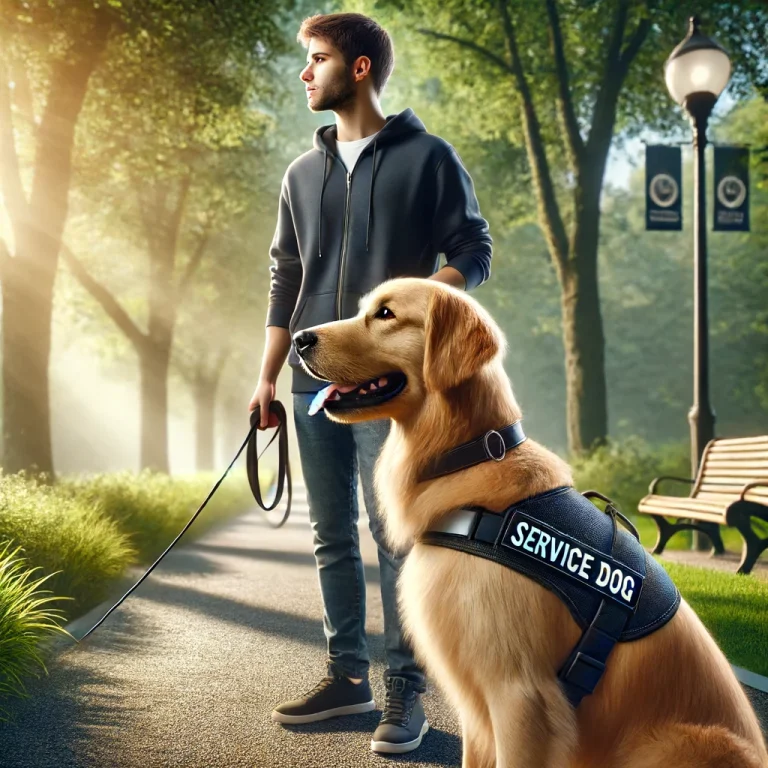 A person in their 30s with a golden retriever service dog in a park, showcasing essential service dog gear including a harness and identification vest.