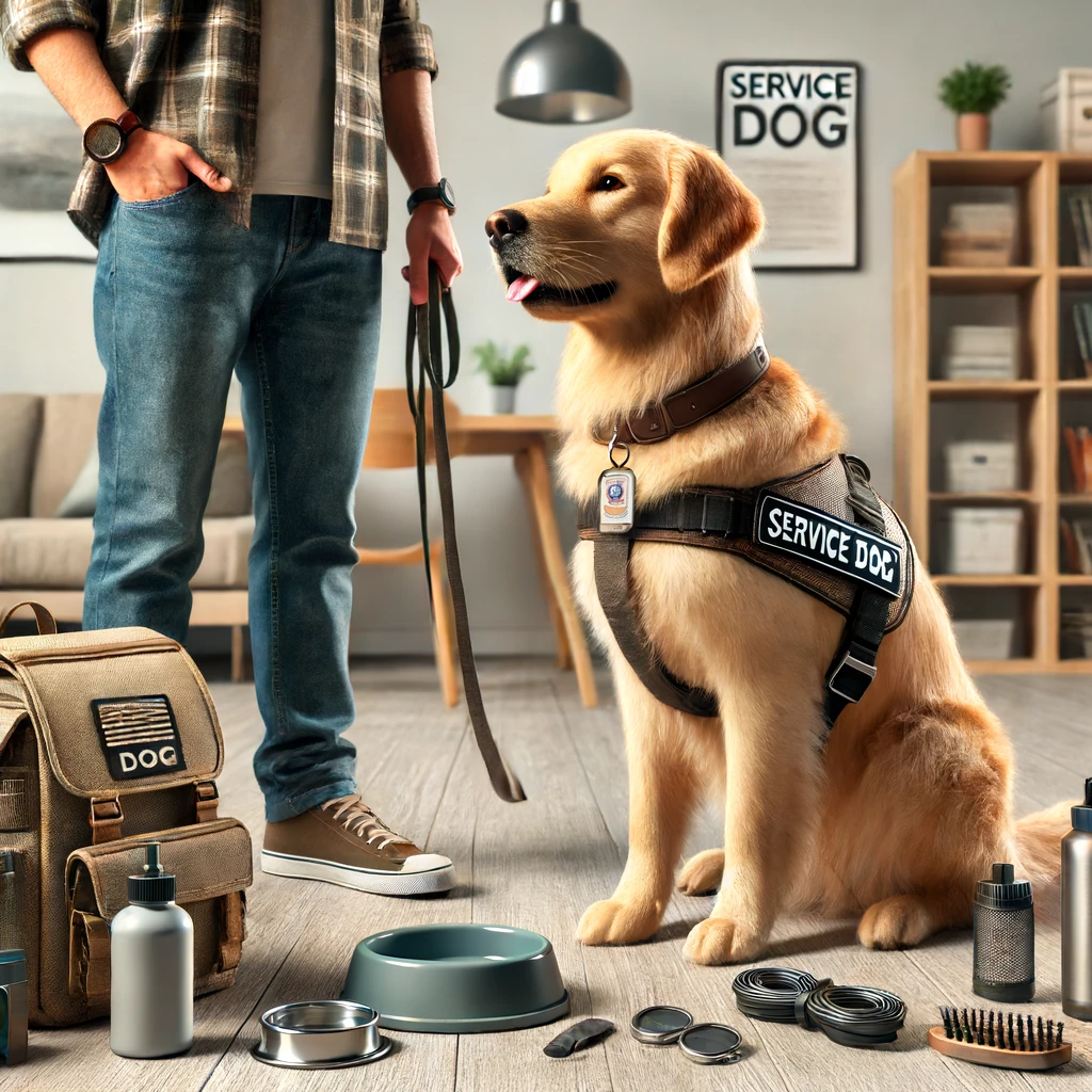 A person in their 30s with a golden retriever service dog in a well-lit indoor setting, showcasing essential service dog equipment.