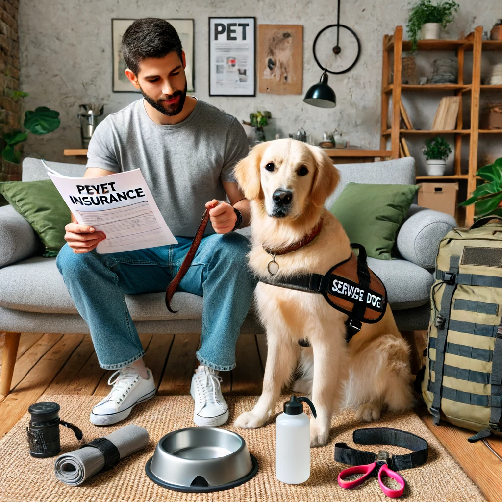 A person in their 30s with a golden retriever service dog, surrounded by service dog equipment and pet insurance documents.