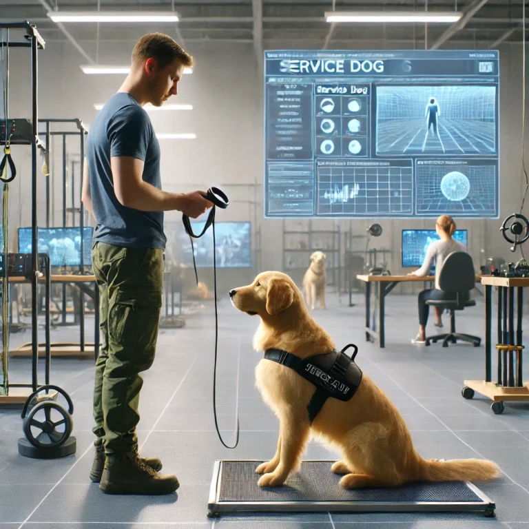 A person in their 30s working with a golden retriever service dog in an advanced training environment with various training equipment and a virtual reality setup.