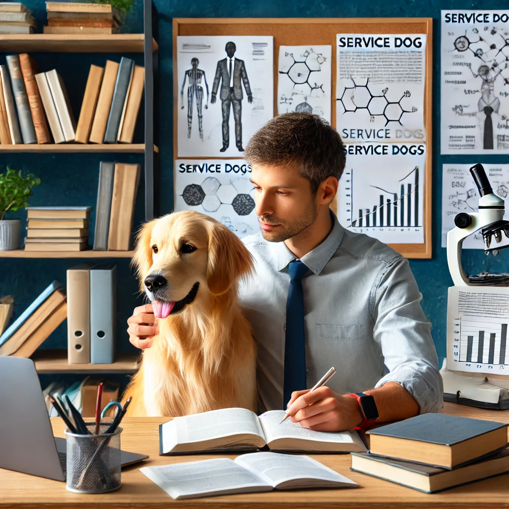 Person in their 30s sitting at a desk with a golden retriever service dog, surrounded by research materials.