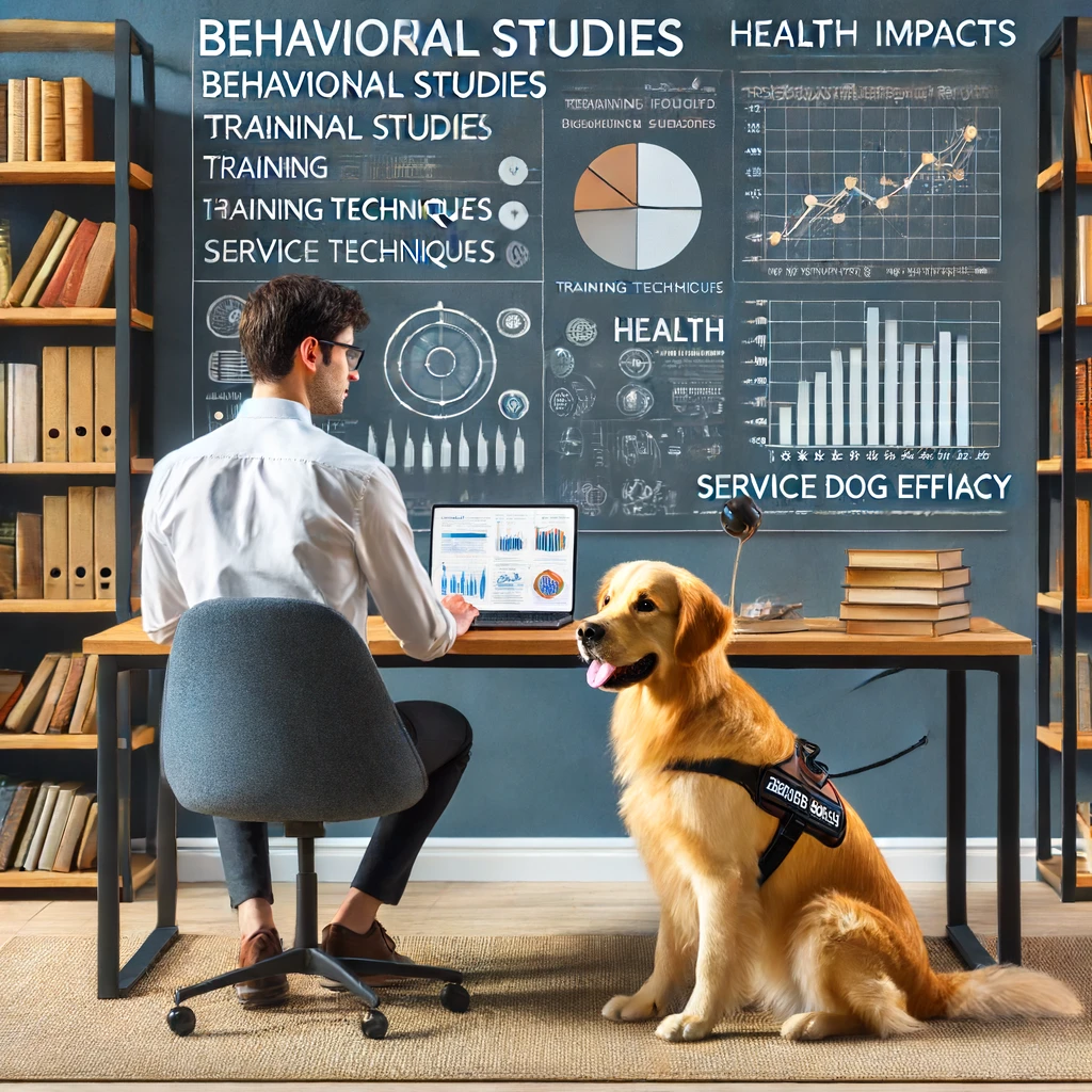 A person in their 30s sitting at a modern desk with a golden retriever service dog by their side, surrounded by research papers and a laptop.