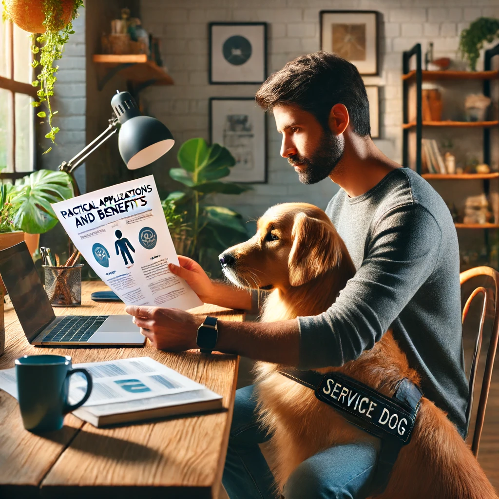 A person in their 30s sits at a cozy home office desk with a golden retriever service dog, reviewing a document titled "Practical Applications and Benefits."