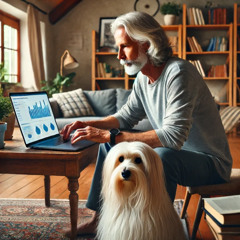 A man in his late 50s working on his laptop in a cozy home office, with his thin white service dog Sasha sitting beside him.