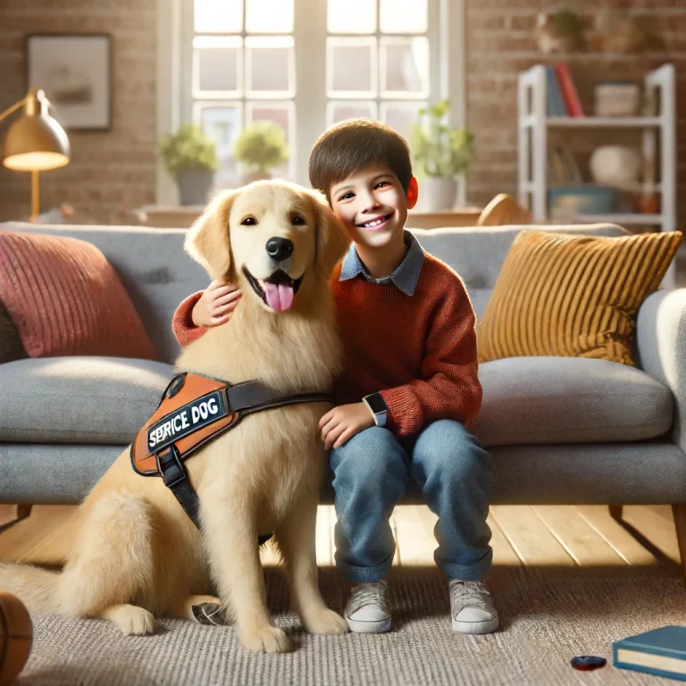 A child around 10 years old hugging a golden retriever service dog in a cozy, well-lit home.