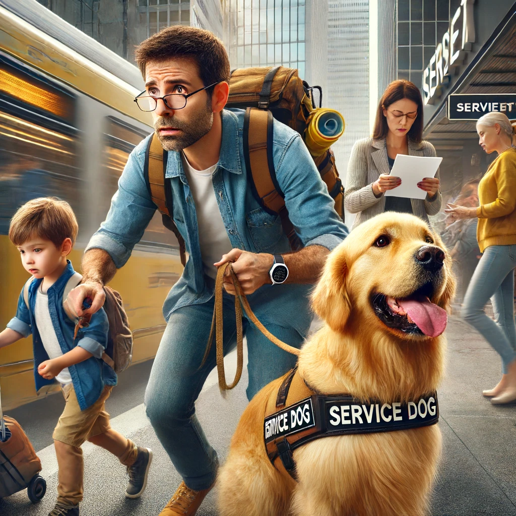 A parent in their 30s handling a golden retriever service dog and a child around 10 years old in a busy urban setting, depicting the challenges of service dog ownership.