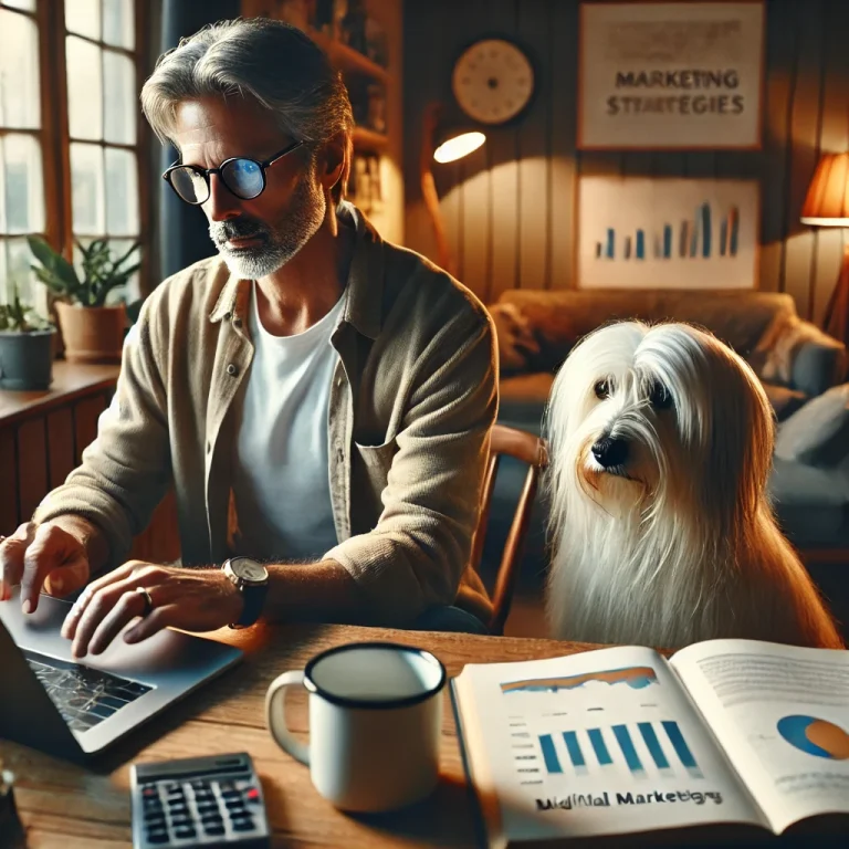 A man in his late 50s working on his laptop in a cozy home office, with his thin white service dog Sasha beside him.