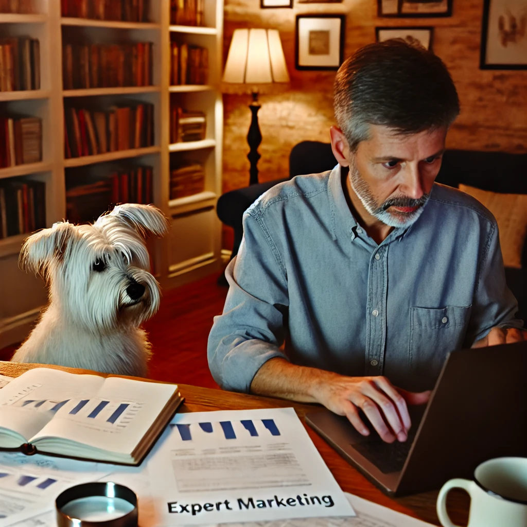 A man in his late 50s working on his laptop in a cozy home office, with detailed marketing charts and his white service dog, Sasha, sitting beside him.