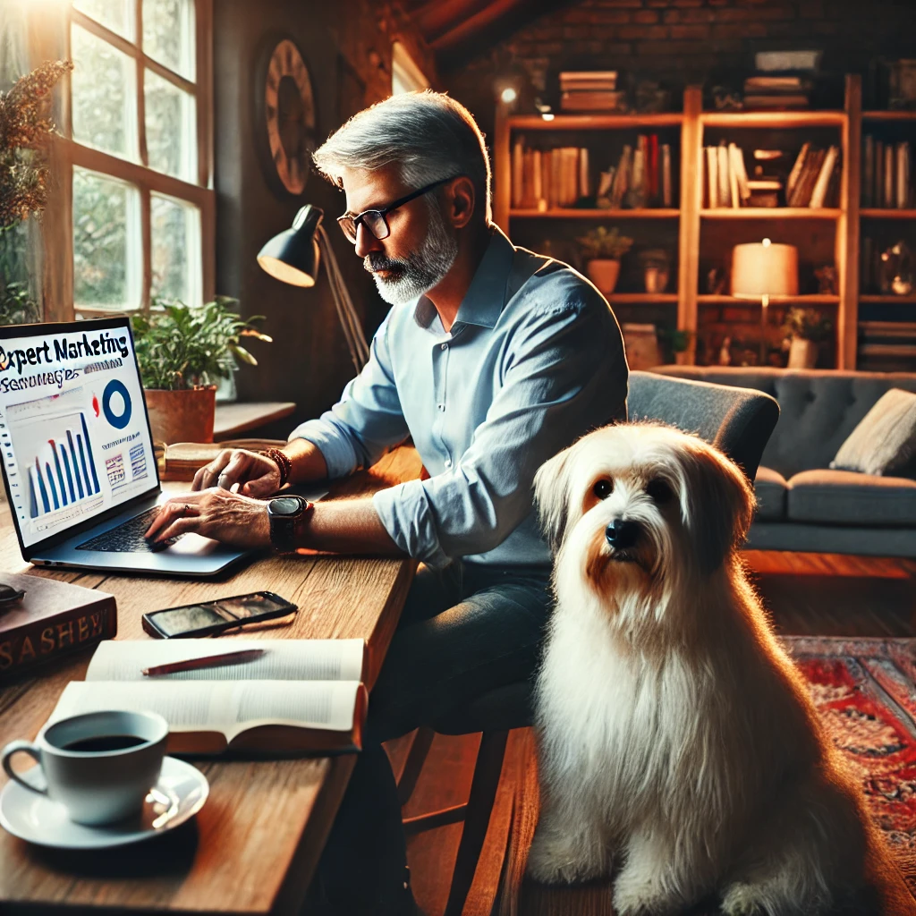 A man in his late 50s working on his laptop in a cozy home office, with a thin white medium long-haired terrier service dog named Sasha sitting beside him.