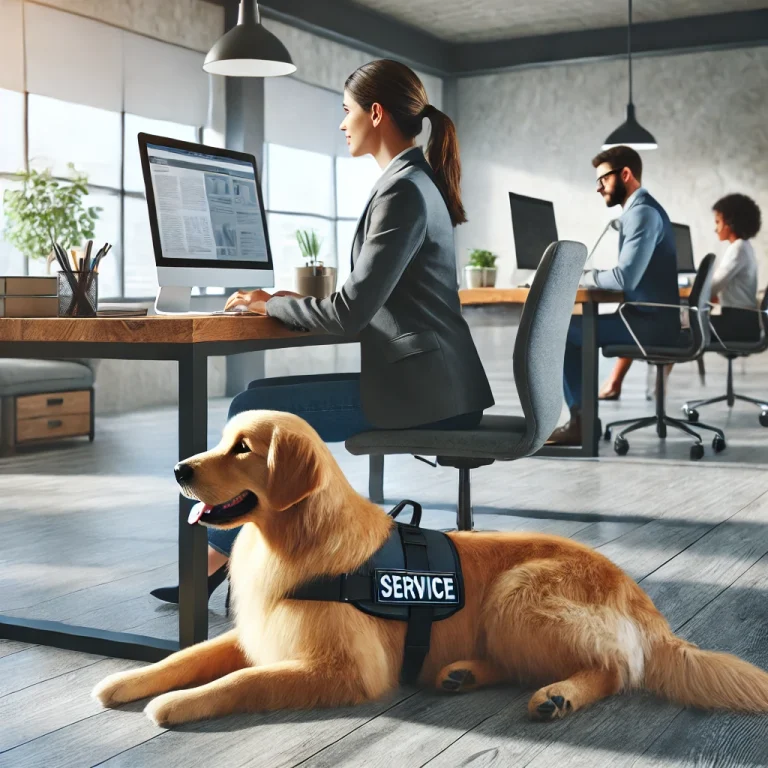 A person in their 30s working at a modern office desk with a golden retriever service dog lying calmly by their side.