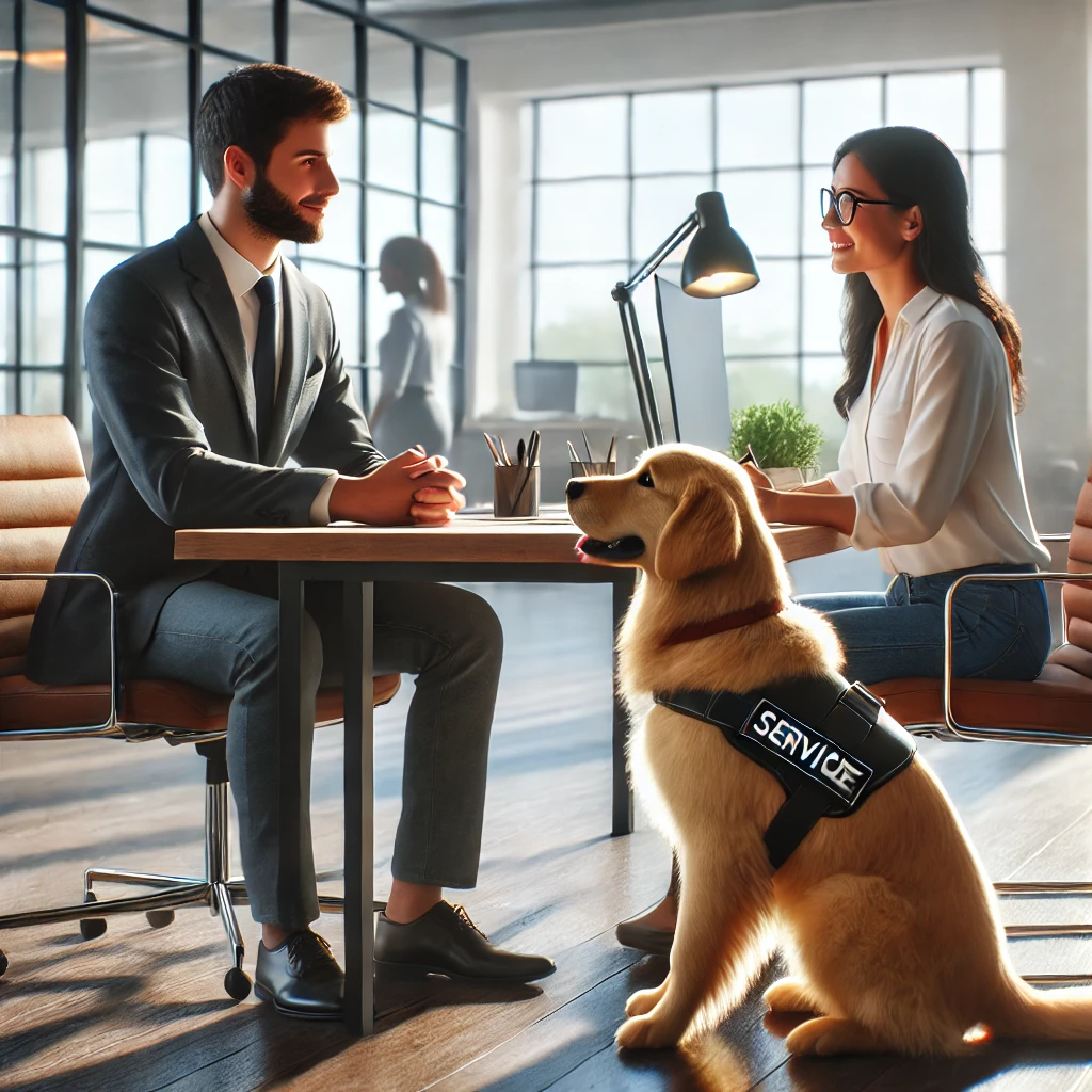 Person in their 30s discussing service dog accommodations with an HR representative in a modern office, accompanied by a golden retriever service dog.