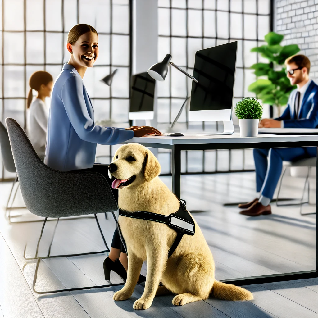 A person in their 30s working at a modern office desk with a golden retriever service dog sitting beside them. The office environment is bright and professional with large windows and modern furniture.