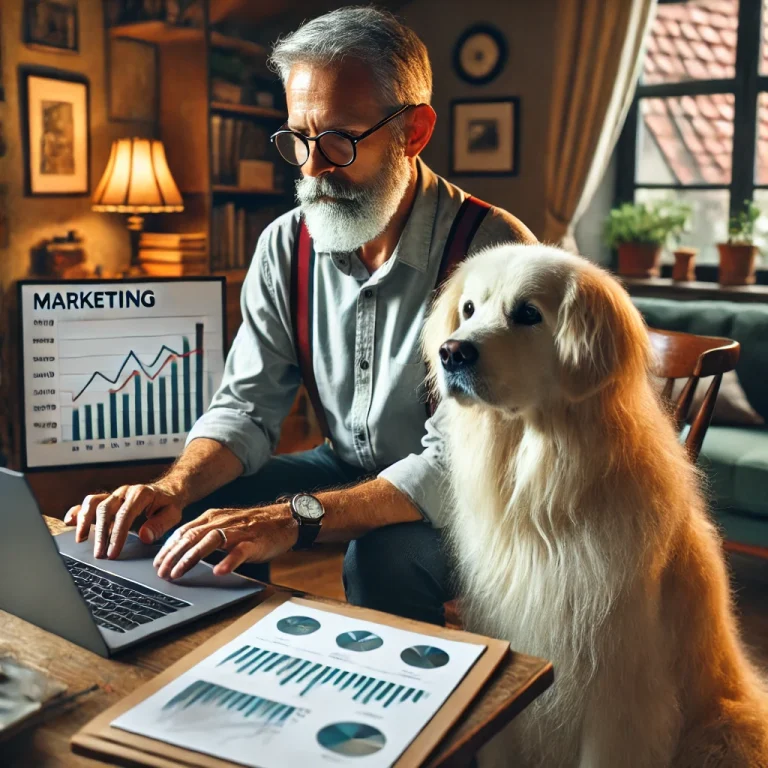 A man in his late 50s working on a laptop in a cozy home office, with marketing charts on the screen and his white service dog, Sasha, beside him.