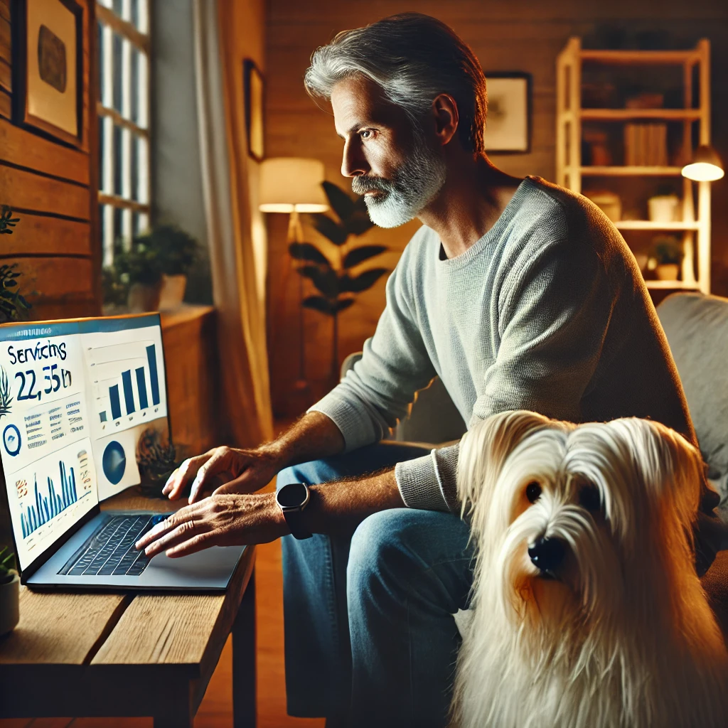 A man in his late 50s, Chris, working on a laptop in a cozy home office, with his thin white service dog, Sasha, sitting beside him.