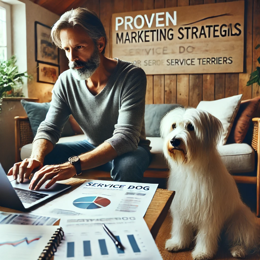 A man in his late 50s working on his laptop in a cozy home office, with detailed marketing charts and notes around him. His thin white service dog, Sasha, a medium long-haired terrier, sits attentively beside him.