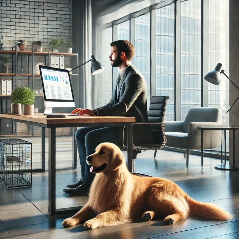 A person in their 30s sitting in a modern office with a golden retriever service dog lying comfortably beside them.