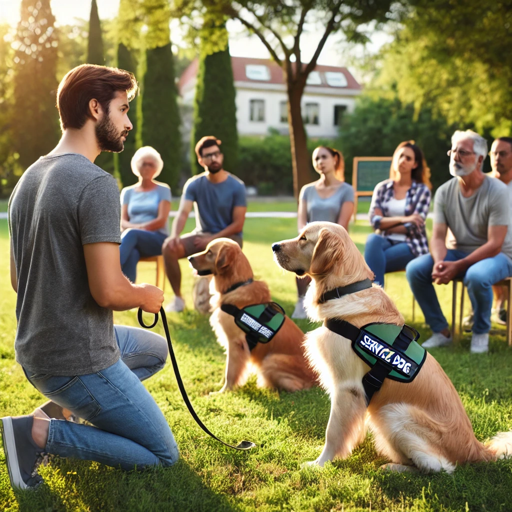 A professional service dog trainer demonstrating techniques in a park to a group of participants, with service dogs in training vests.